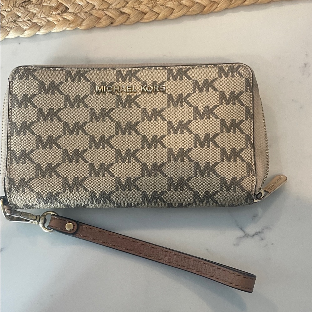 Michael Kors Beige and Brown Monogram Wristlet